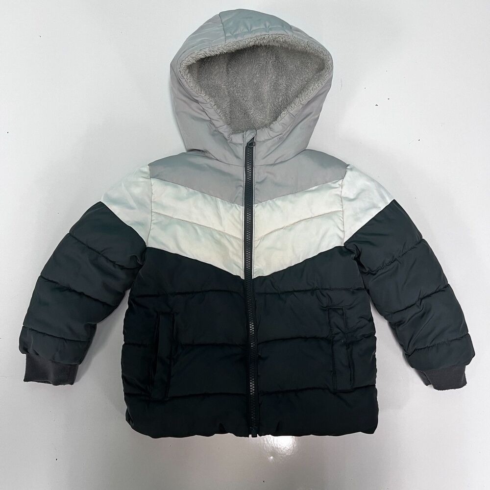 SwissTech Toddler Boys 3T Puffer Jacket Gray Black Hooded Sherpa Lined snow coat